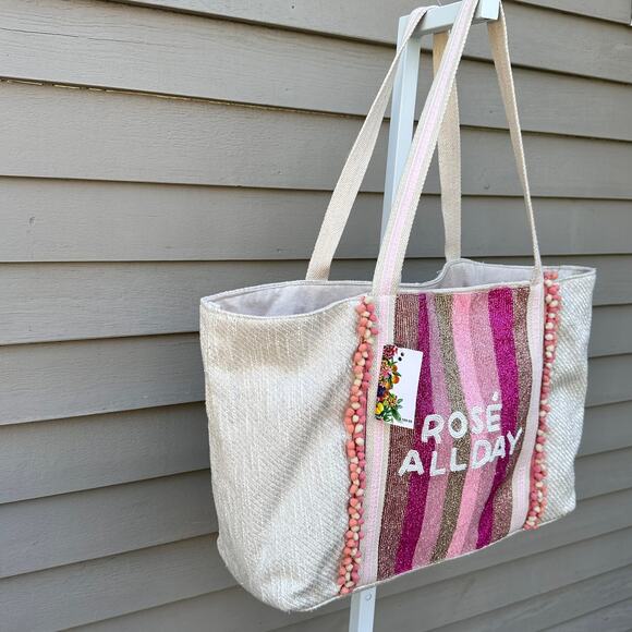 America and Beyond ROSE ALL DAY Tan Pink Large Tote Shoulder Beach Bag New - Picture 13 of 16